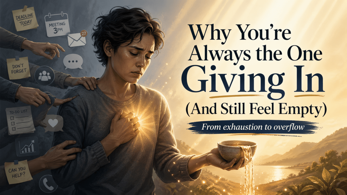 Person overwhelmed by demands and people-pleasing, moving from exhaustion into God’s love and identity overflow.
