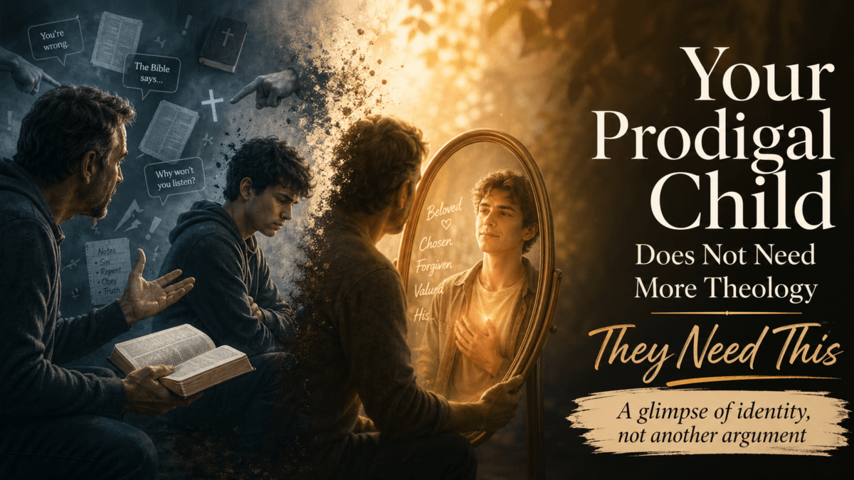 Parent holding up a mirror to a withdrawn prodigal child, showing words of identity, love, and acceptance instead of judgment.